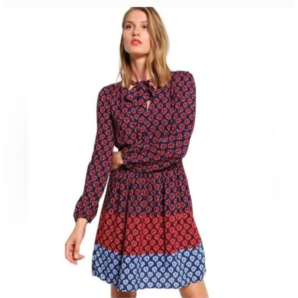 ⭐️Gap Navy Blue/Red Shamrock Clover Tied Neck Long Sleeve Dress Sz 12